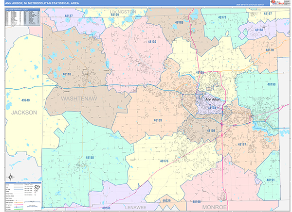 Ann Arbor Metro Area Wall Map Color Cast Style